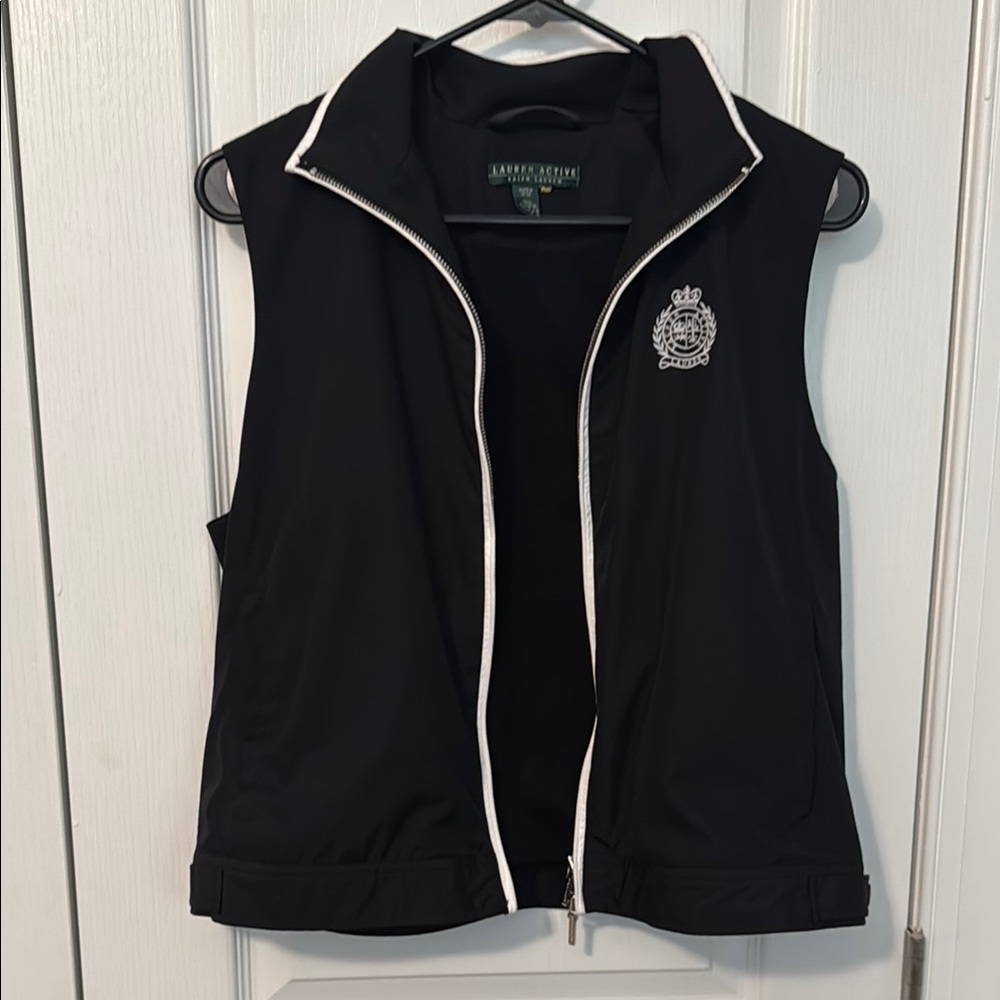 Lauren Ralph Lauren Women’s Black Sleeveless Zip Vest with White Trim